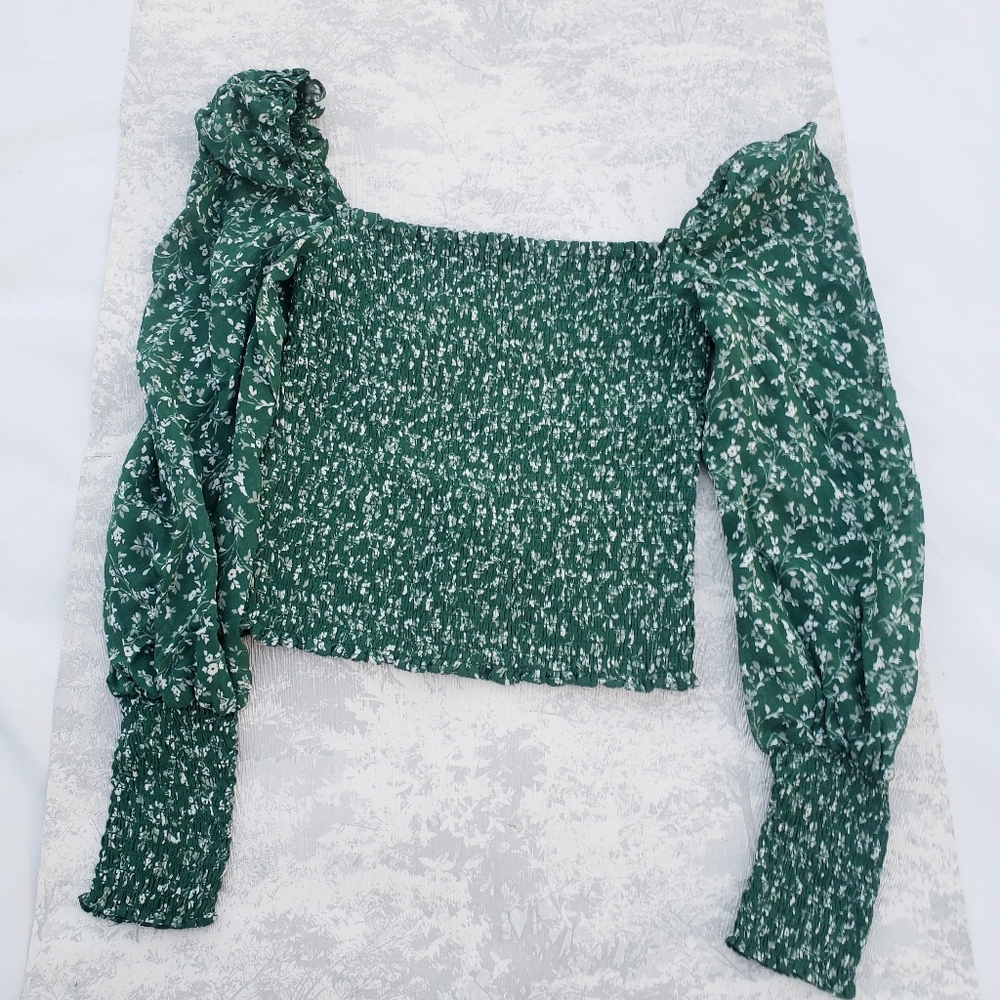 Reformation Top Womens Small Green Floral Smocked Puff Long Sleeve Prairie Boho